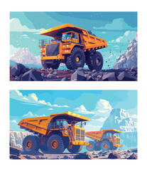 Obraz premium Heavy yellow dump trucks cartoon vector concepts. Huge wheels coal mine stone rocks quarry machine operating drill industry vehicle utter illustrations