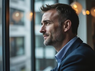 Naklejka premium Thoughtful mature man in business attire looking out of a large office window, reflecting on city life, representing experience, professional contemplation, and modern work culture