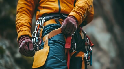 A climber prepares for an ascent, showcasing gear like carabiners and harness, highlighting the sport's adventurous spirit.