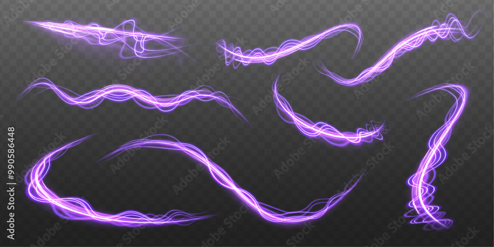 Poster big set neon sparks light trail, fire flare, expressway concept. abstract image of speed motion on t