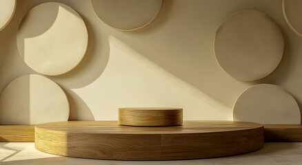 A wooden podium and circular shapes for product presentation in a studio room design.