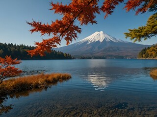 Fototapeta premium Autumn scene at Lake Motosu with Mount Fuji.