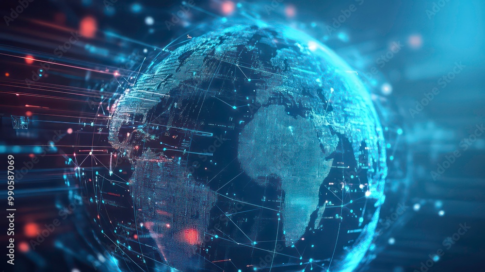 Poster A digital globe of the earth with lines connecting continents, representing global connections and communication.