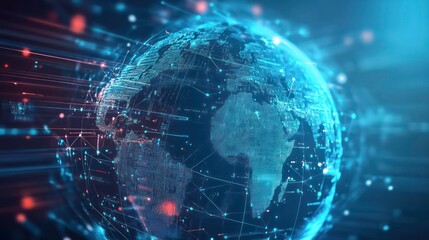 A digital globe of the earth with lines connecting continents, representing global connections and communication.