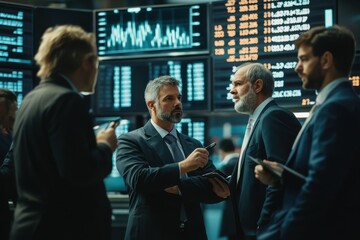 Obraz premium Photo of a group of world investors gathering and discussing the economy in a meeting place standing and wearing suits complete with a large screen showing statistics data on a country's economy.