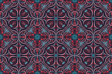 An intricate, vibrant pattern combining rich shades of red and blue with floral motifs, perfect for textiles, wallpapers, and design projects. Ideal for anyone seeking bold, dynamic visuals