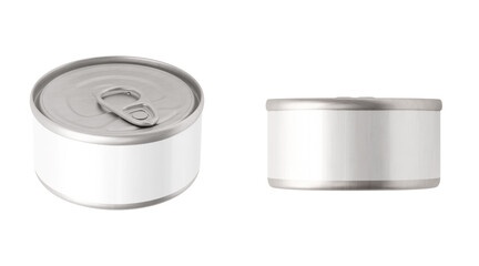 Tin can, fish or pet food mockup with pull ring. Metallic canned round with open key, metal jar isolated on white background. Aluminium preserve canister. 3D illustration
