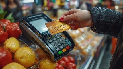 Woman using credit card on wireless payment terminal at supermarket checkout counter