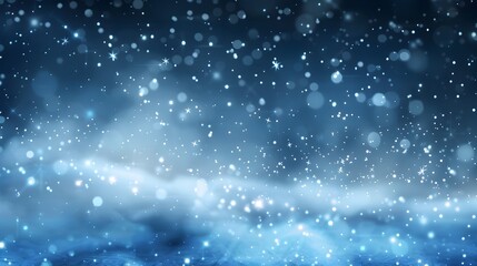 Obraz premium A mesmerizing scene of glowing blue and white bokeh lights scattered against a dark blue background resembling a starry night sky with sparkling particles and soft circular light effects creating a dr