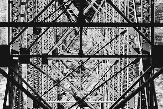 Metal suspension bridge in the canyon near Seattle, close up black and white shot