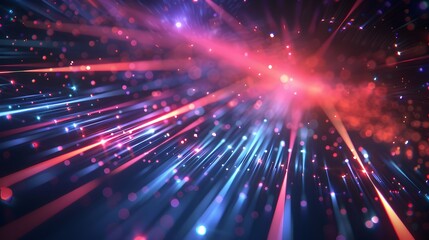 Obraz premium Vibrant abstract scene with blue and pink light streaks converging from a central point, against a dark star-studded background, evoking high-speed movement and cosmic energy.