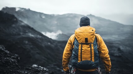 A solitary hiker in a bright yellow jacket gazes at a misty mountain landscape, embodying adventure and exploration in a dramatic, rugged terrain.