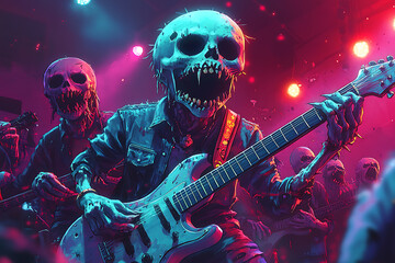 Obraz premium A zombie band performs at a Halloween concert using bone guitars and skeleton drumsticks, while goofy monsters dance awkwardly in a vibrant, colorful scene filled with humorous Halloween decorations. 