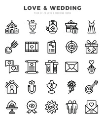 Collection of Love & Wedding 25 Lineal Icons Pack.
