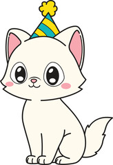 Cartoon white cat with birthday party hat vector illustration