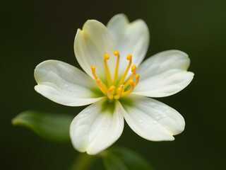 Fototapeta premium Elegant White Flower with Green Undertones and Vibrant Yellow Stamen, Showcasing Symmetrical Design and Captivating Textures in Nature Stunning Botanical Beauty