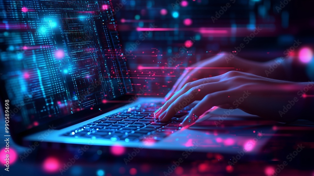 Poster hands typing on a laptop surrounded by colorful digital elements in a dark setting showcasing techno