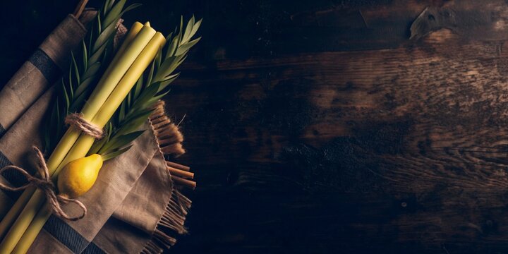 Jewish sukkot festival symbols with palm, willow, myrtle, and etrog on rustic wooden background