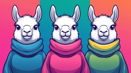 Fototapeta premium Colorful illustration of three llamas in cozy sweaters, perfect for playful and fun designs.