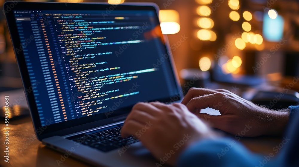 Poster a programmer coding at night on a laptop with a vibrant display in a cozy workspace filled with soft