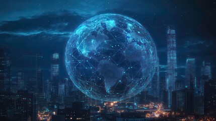 A digital globe shines over a cityscape at night, representing global connectivity and the modern world.