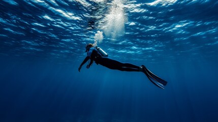 A diver glides gracefully through the deep blue water, surrounded by shimmering bubbles, showcasing the serenity of underwater exploration.