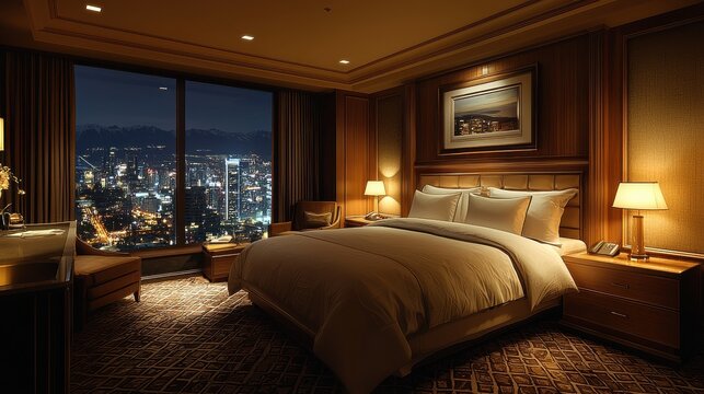 Luxurious hotel room with a stunning city view at night featuring a king-size bed and elegant furnishings