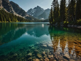 Beautiful lake surrounded by trees and mountains.