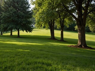 Fototapeta premium Beautiful lawn with green grass and trees.