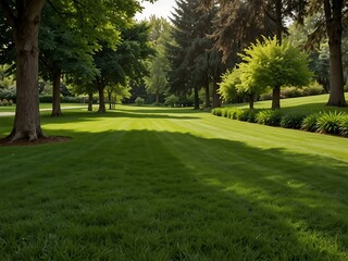 Beautiful lawn with green grass and trees.