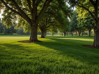 Obraz premium Beautiful lawn with green grass and trees.