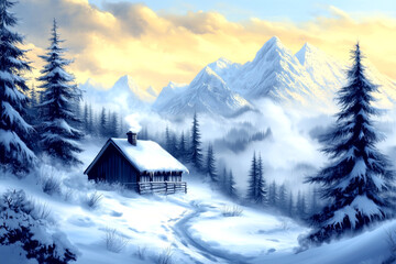 Fototapeta premium A cabin in the woods with a snowy landscape in the background. The cabin is surrounded by trees and the mountains in the distance. The painting has a peaceful and serene mood, evoking a sense of calm