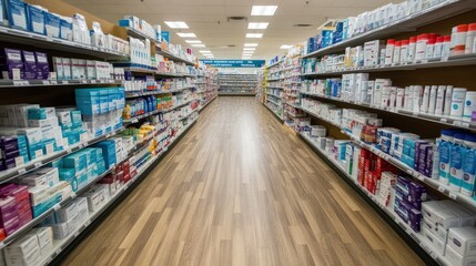 A pharmacy aisle filled with various health and wellness products on shelves.