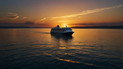 Naklejka premium Beautiful sunset over tranquil waters with a cruise ship silhouette.