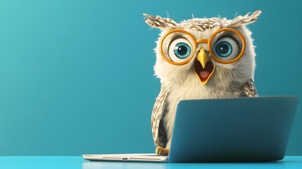 Obraz premium 3. **Depict a comical owl with round glasses, displaying an expression of shock and surprise as it interacts with a laptop. The bright blue background should make the owl is features pop, creating a