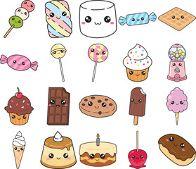 Cartoon set of kawaii sweets with simple lines and no gradients. each image on separate layer