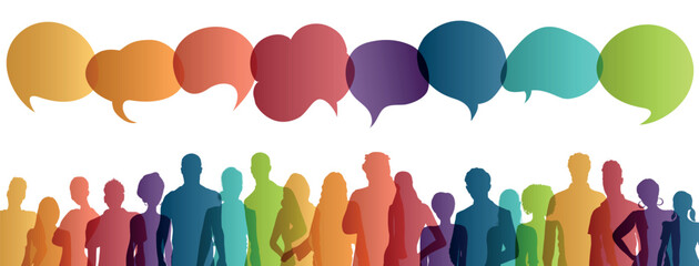 Communication across diverse cultures -  Multicultural dialogue represented by colored silhouettes and speech bubbles of multiethnic individuals. Diversity equality inclusion. Front-view