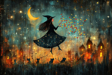 A witch juggles candy while flying on a broomstick, causing chaos below as funny cats chase the falling candy. The sky features a smiling crescent moon and stars in a whimsical cartoon scene. 