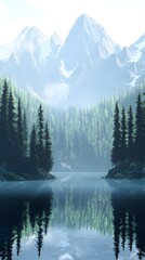 Fototapeta premium A serene lake surrounded by dense forests and towering mountains, reflecting the clear blue sky with soft mist rising from its surface