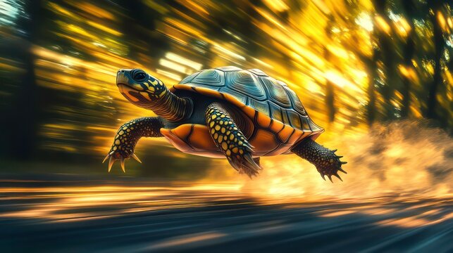 A turtle with a yellow shell runs through a blurred forest background.