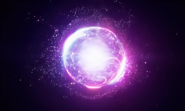 Magical energy orb expanding with glittering sparks and radiant glow, on a dark black background