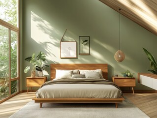 Stylish mid-century modern bedroom design with soft green walls and slanted ceiling