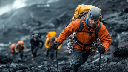 A group of climbers ascends a rugged volcanic landscape, showcasing determination, teamwork, and the beauty of outdoor adventure.