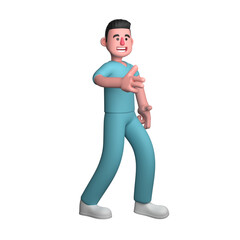 Fototapeta premium 3D Illustration of Male Nurse. A male nurse is walking with a smiling expression, with his hands looking like he is greeting. Hospital Caregiver