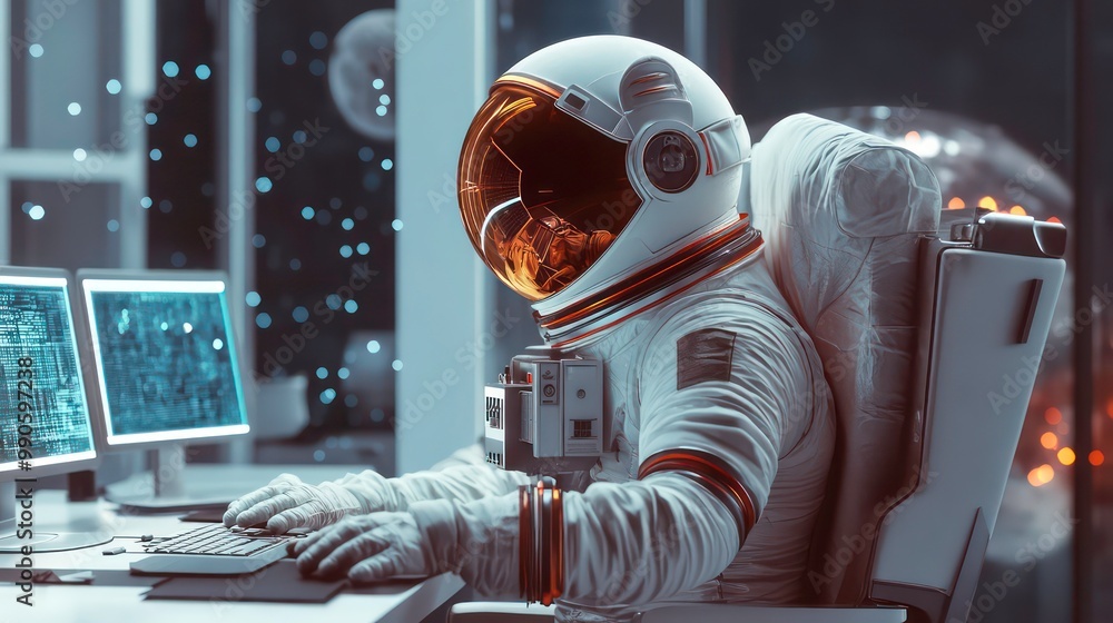 Aufkleber astronaut working at a computer with a view of the moon in the background.