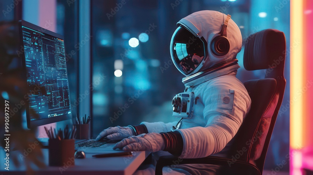 Aufkleber astronaut working on a computer in a dark room.