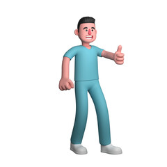 Professional Male Nurse 3D Cartoon. A male nurse is standing with a thumbs up on his left hand. Medical Care Expert