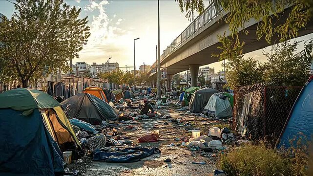 A city with tents and garbage. There are poor homeless people