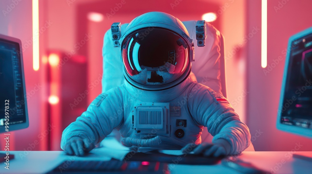 Aufkleber an astronaut sits at a computer desk in a spaceship, working on a mission.