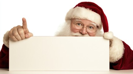 Santa Claus playfully peeks out while pointing at a blank sign, ready for festive greetings during the Christmas season